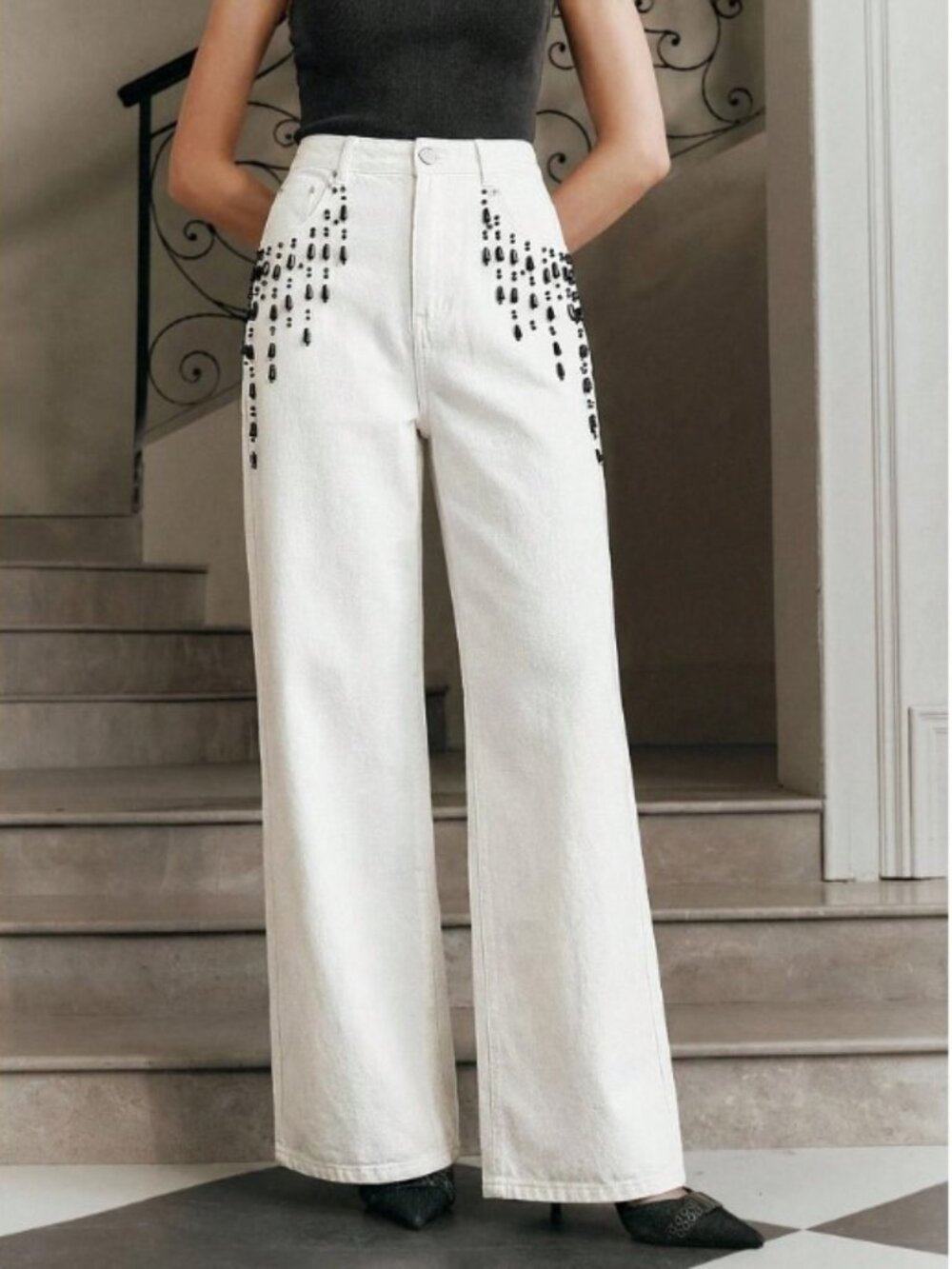 White Luxe Wide-Leg Denim with Embellished Detail